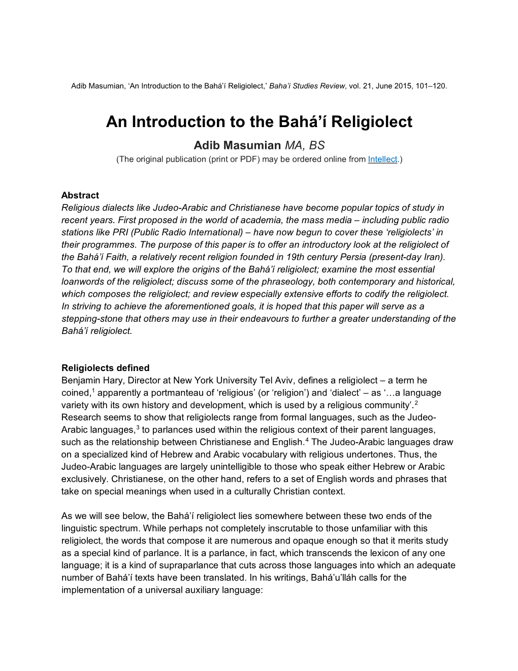 An Introduction to the Baháʼí Religiolect,’ Baha’I Studies Review, Vol