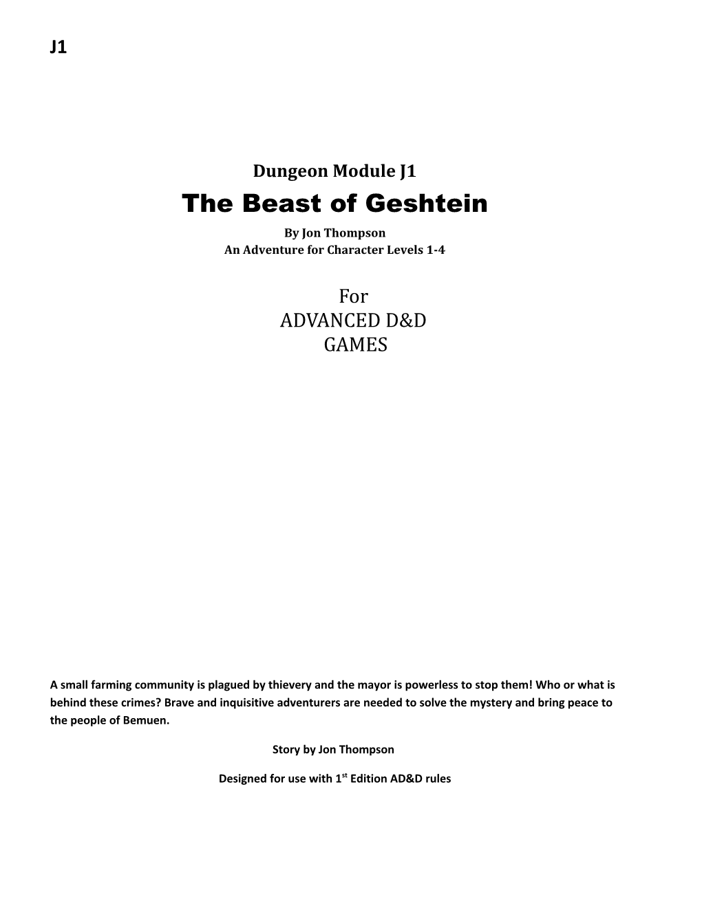 The Beast of Geshtein by Jon Thompson an Adventure for Character Levels 1-4