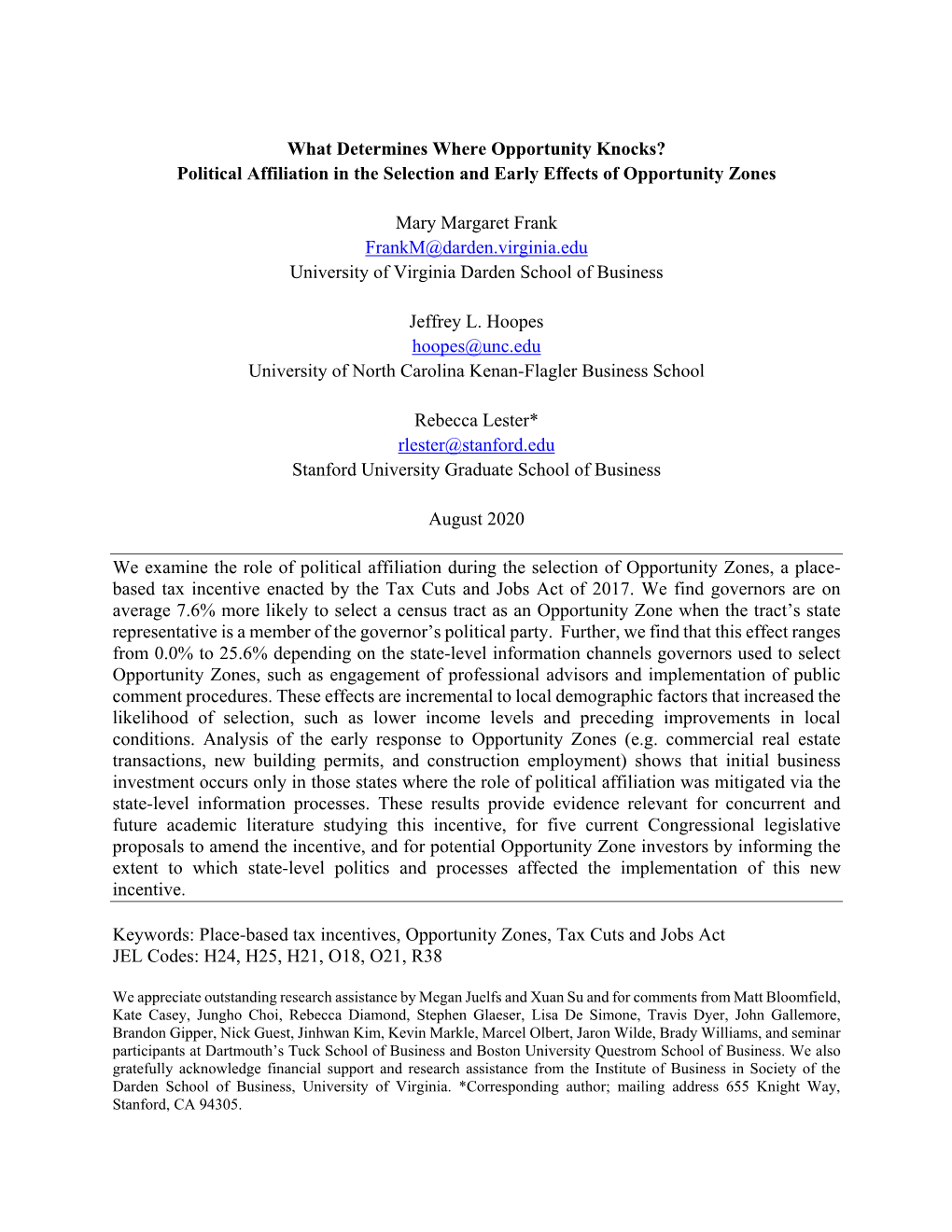 Political Affiliation in the Selection and Early Effects of Opportunity Zones Mary Ma