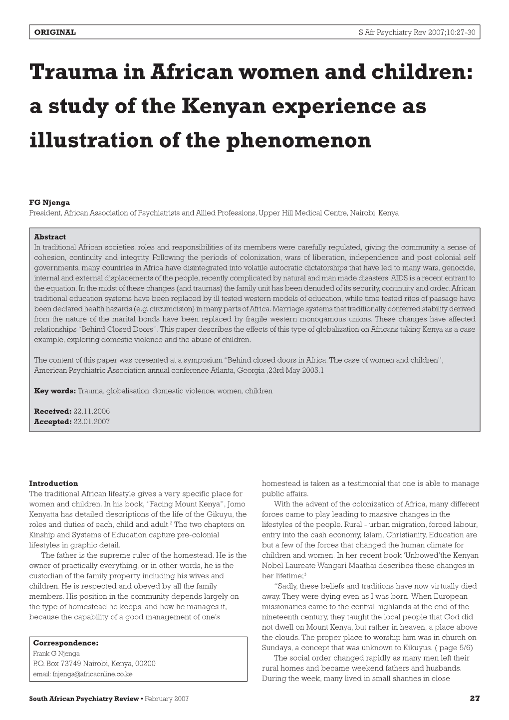 Trauma in African Women and Children: a Study of the Kenyan Experience As Illustration of the Phenomenon