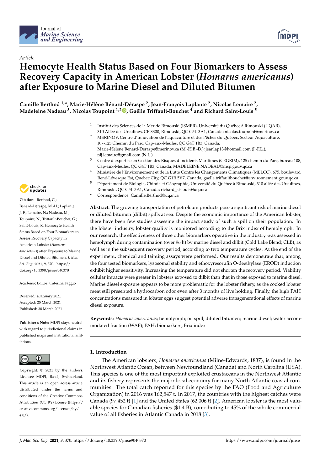 Hemocyte Health Status Based on Four Biomarkers to Assess Recovery Capacity in American Lobster