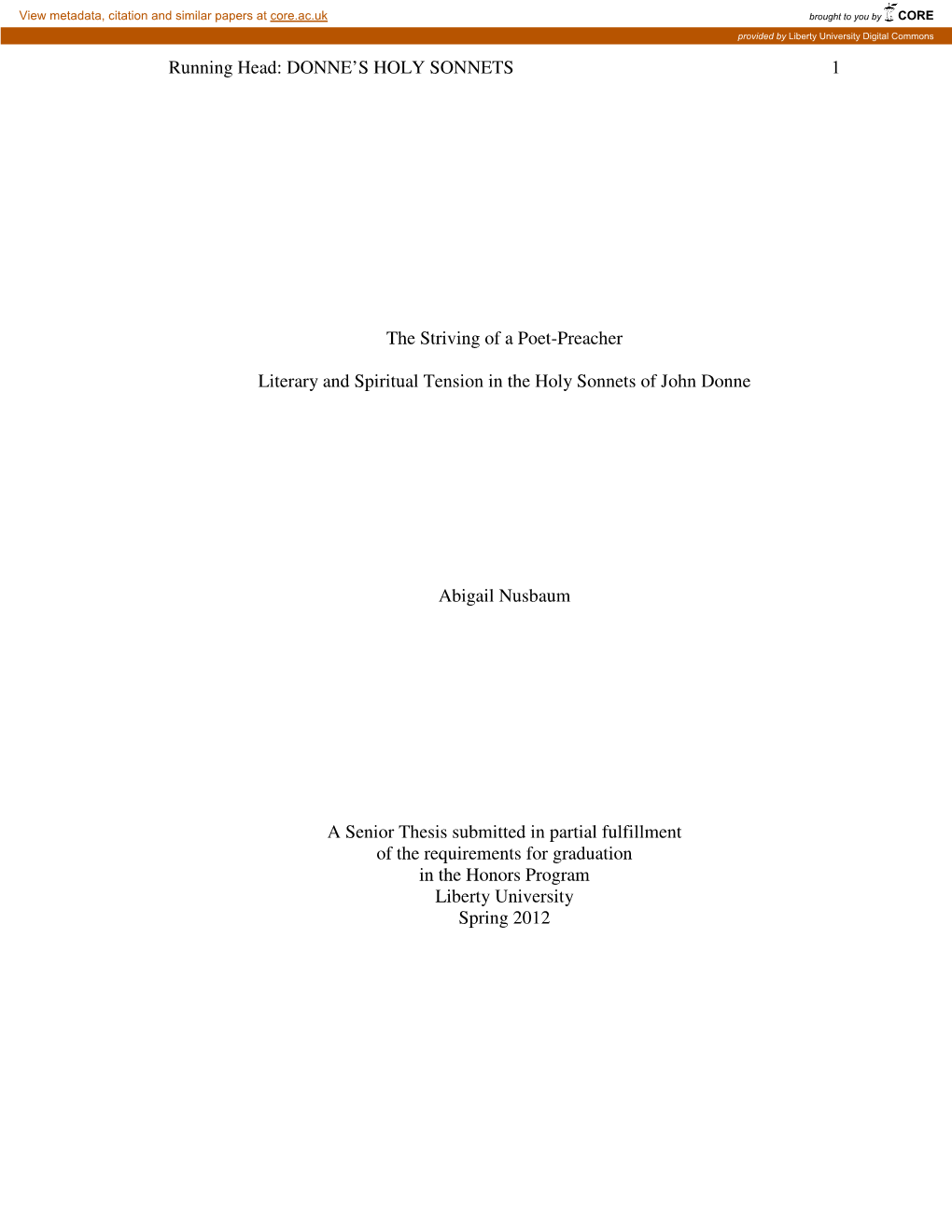 Literary and Spiritual Tension in the Holy Sonnets of John Donne