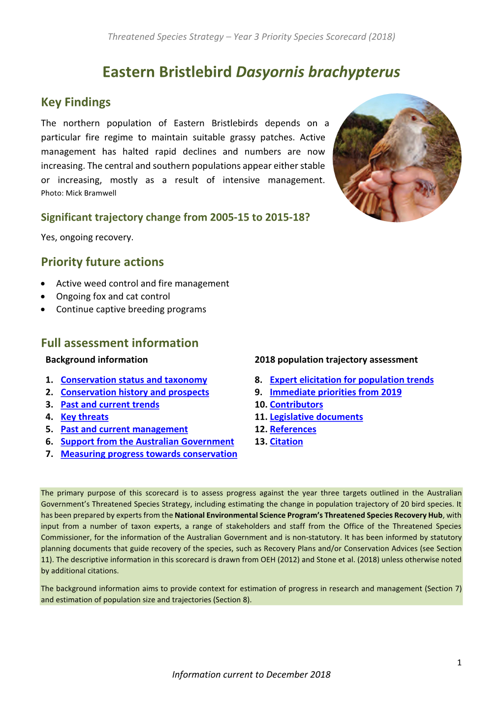 Threatened Species Strategy Year 3 Scorecard – Eastern Bristlebird