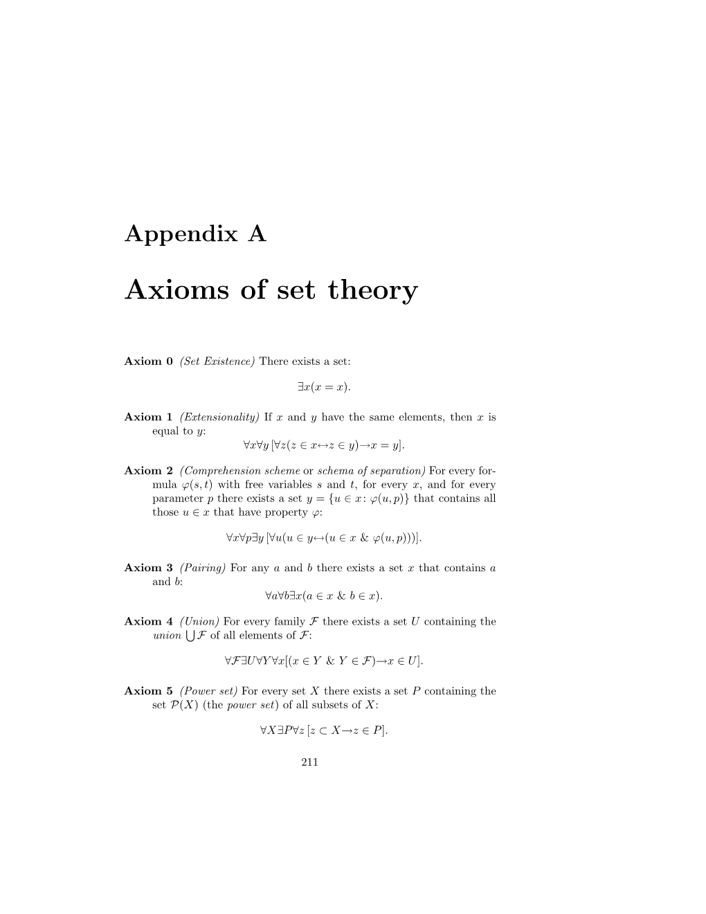 A List of ZFC Axioms of Set Theory