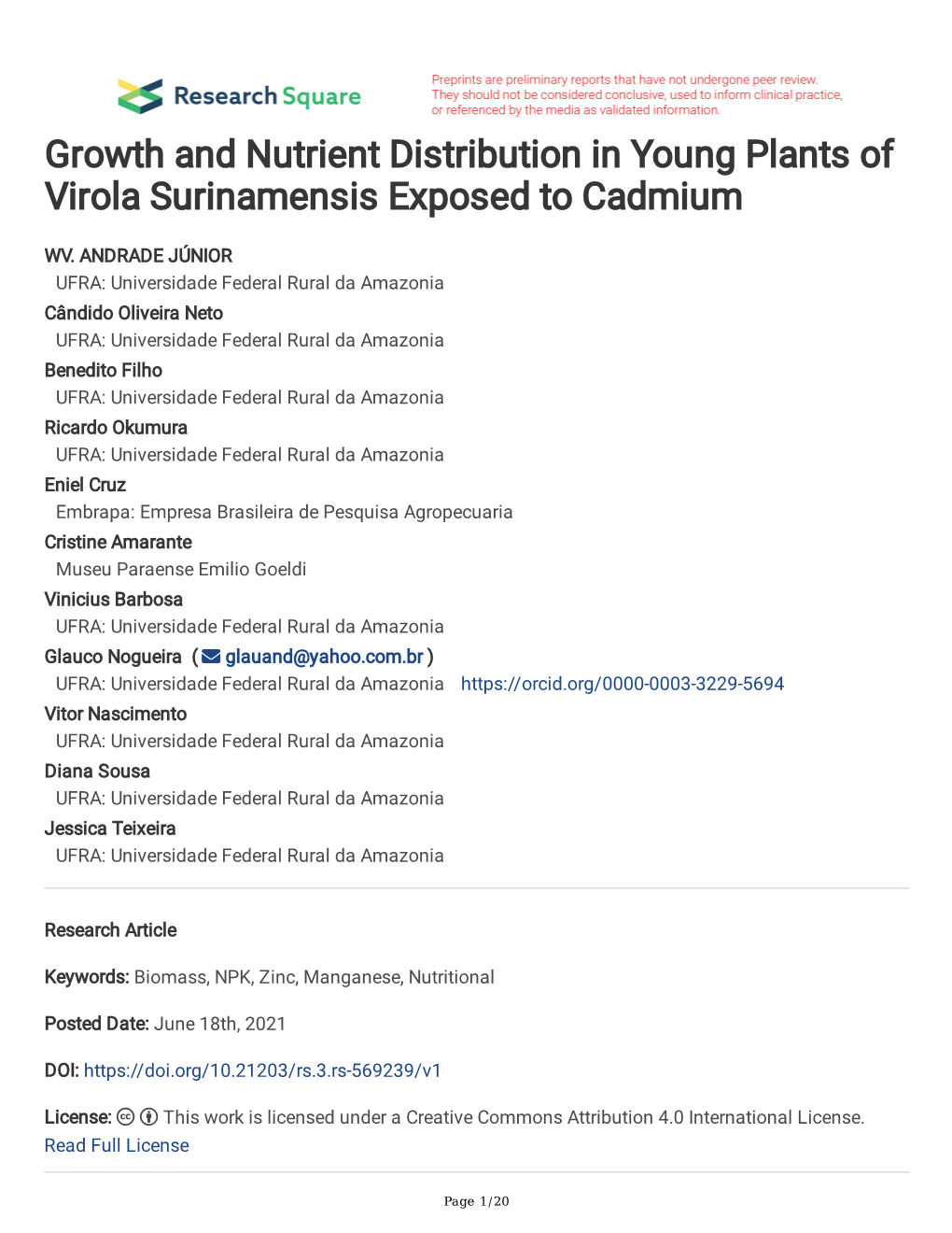 Growth and Nutrient Distribution in Young Plants of Virola Surinamensis Exposed to Cadmium