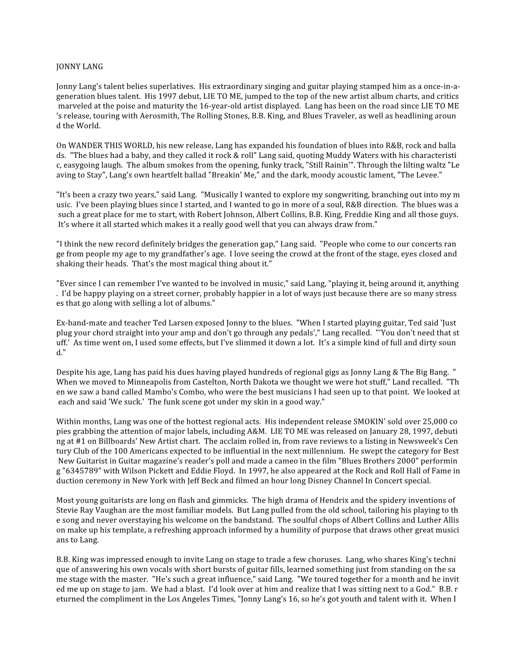 Jonny Lany Official Biography 1997