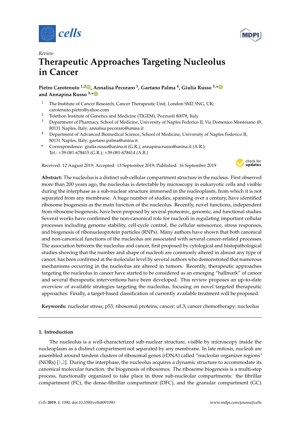 Therapeutic Approaches Targeting Nucleolus in Cancer