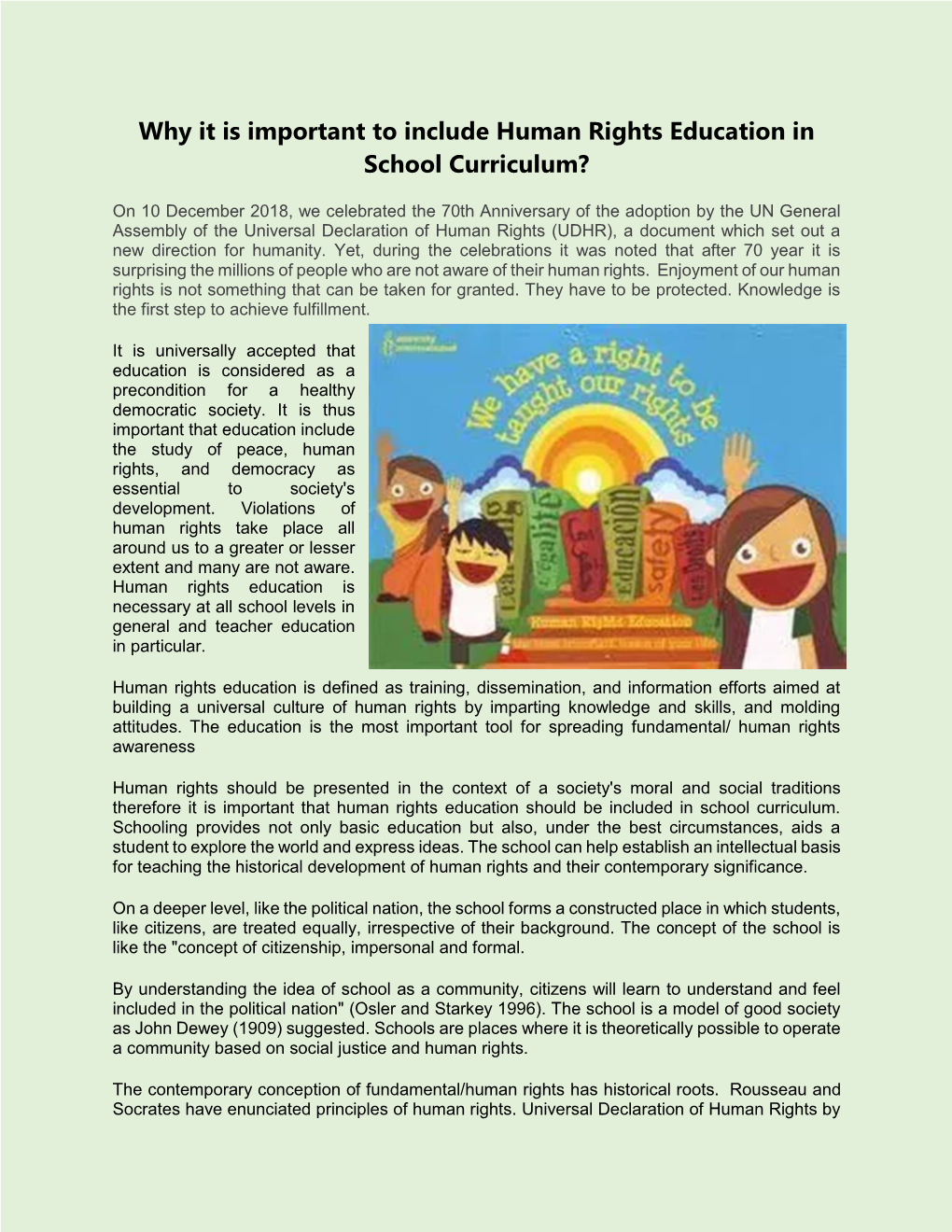 Why It Is Important to Include Human Rights Education in School Curriculum?