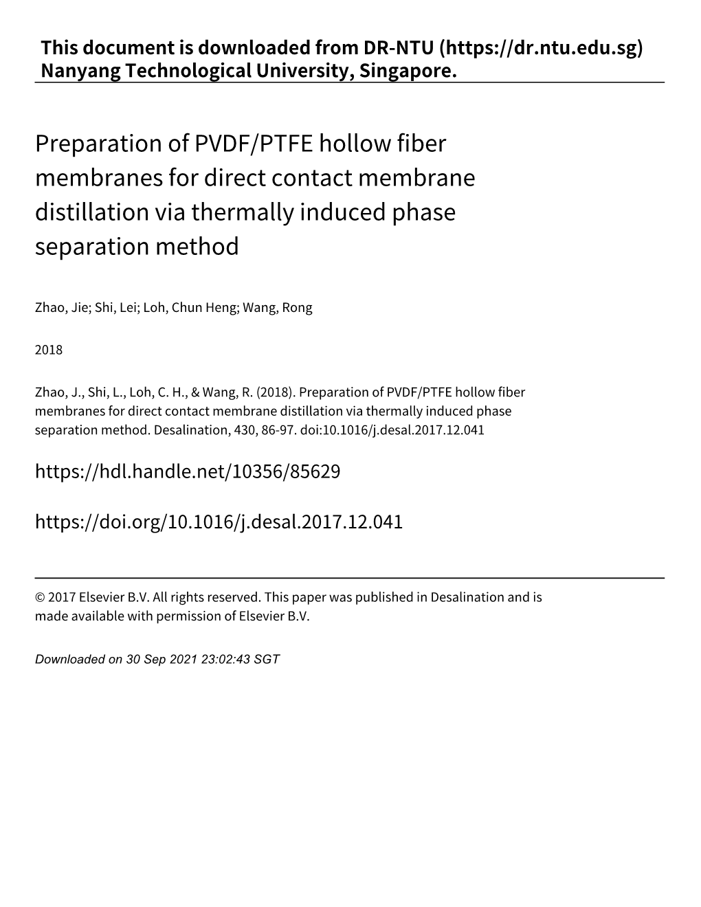 Preparation of PVDF/PTFE Hollow Fiber Membranes for Direct Contact Membrane Distillation Via Thermally Induced Phase Separation Method