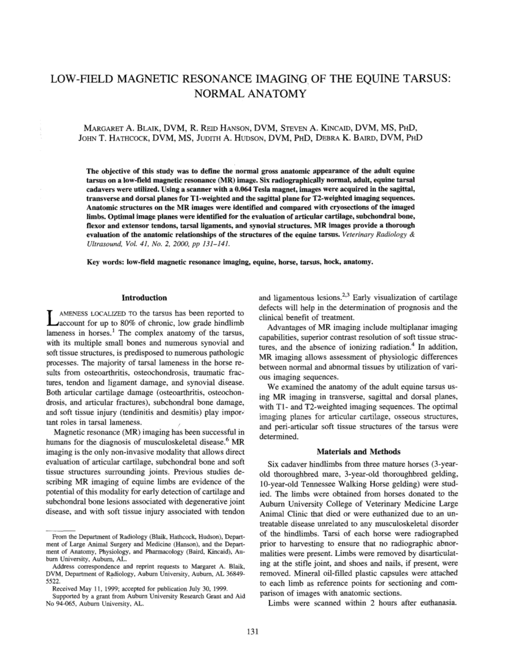 Low-Field Magnetic Resonance Imaging of the Equine Tarsus: Normal Anatomy