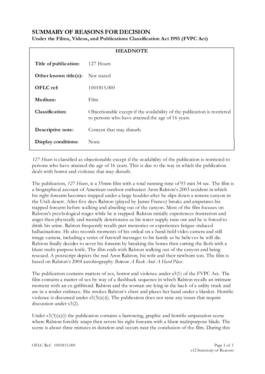 Classification Office's R16 Classification Decision for 127