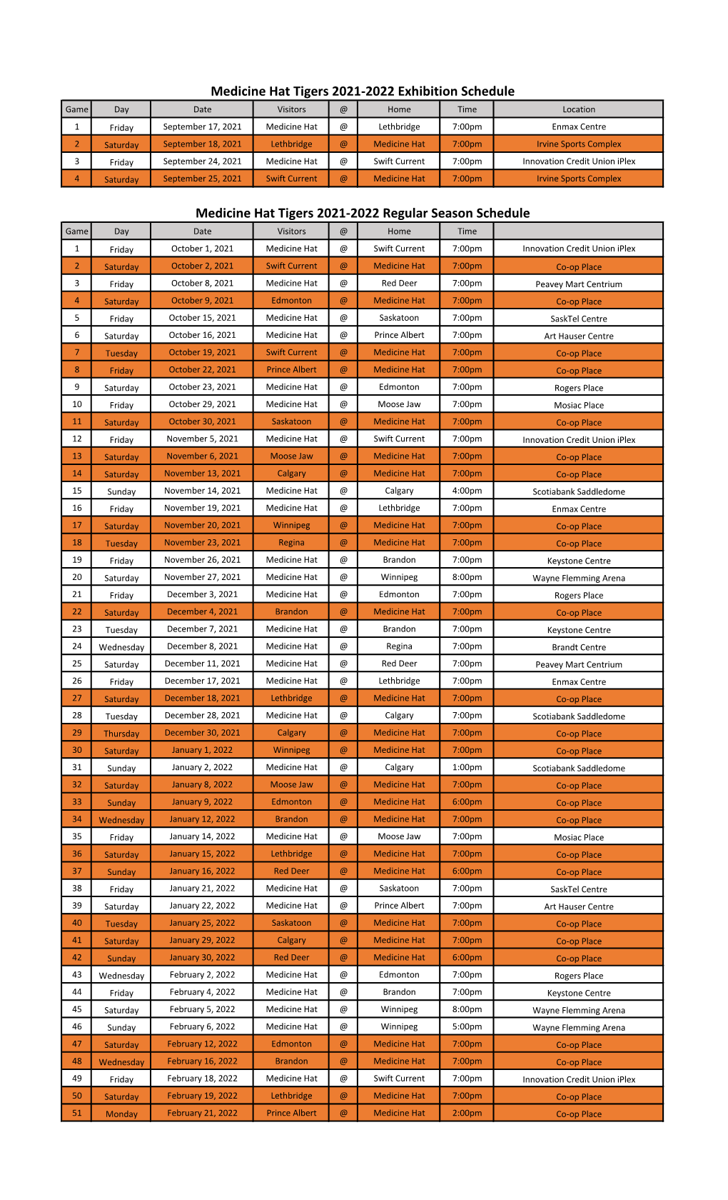 Medicine Hat Tigers 2021-2022 Exhibition Schedule