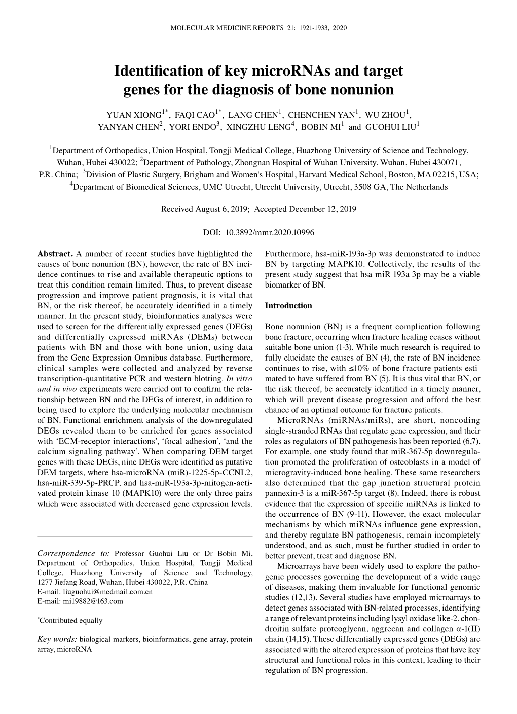 Identification of Key Micrornas and Target Genes for the Diagnosis of Bone Nonunion