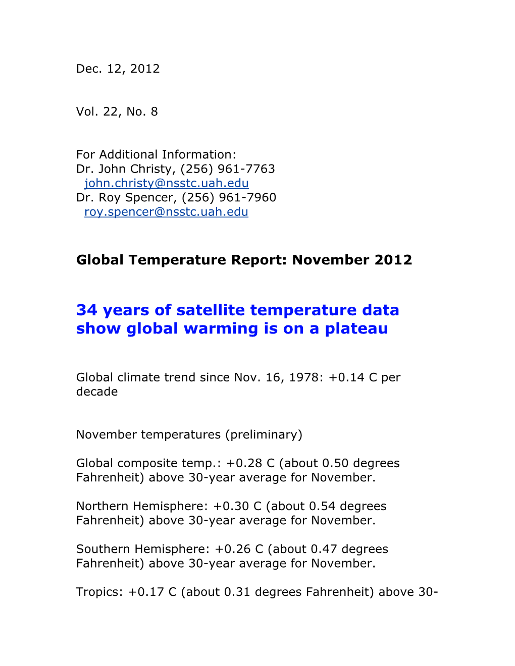 34 Years of Satellite Temperature Data Show Global Warming Is on a Plateau