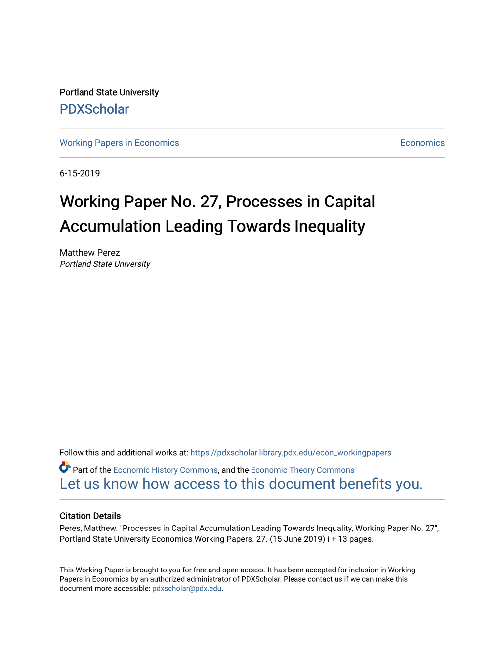 Working Paper No. 27, Processes in Capital Accumulation Leading Towards Inequality