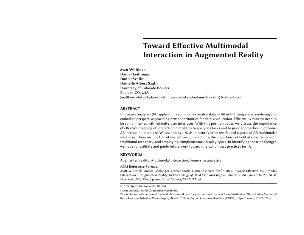 Toward Effective Multimodal Interaction in Augmented Reality