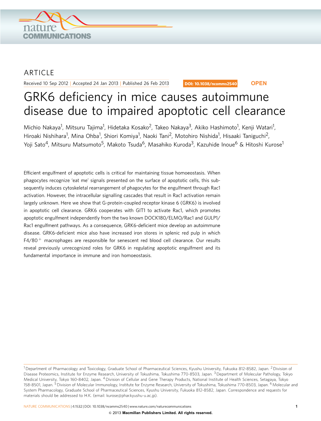 GRK6 Deficiency in Mice Causes Autoimmune Disease Due to Impaired Apoptotic Cell Clearance