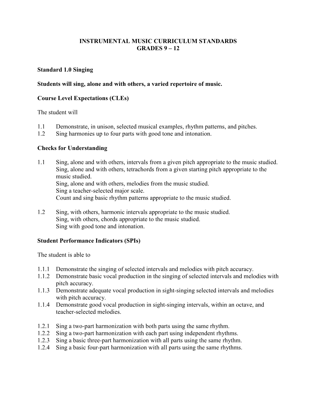 Instrumental Music Standards