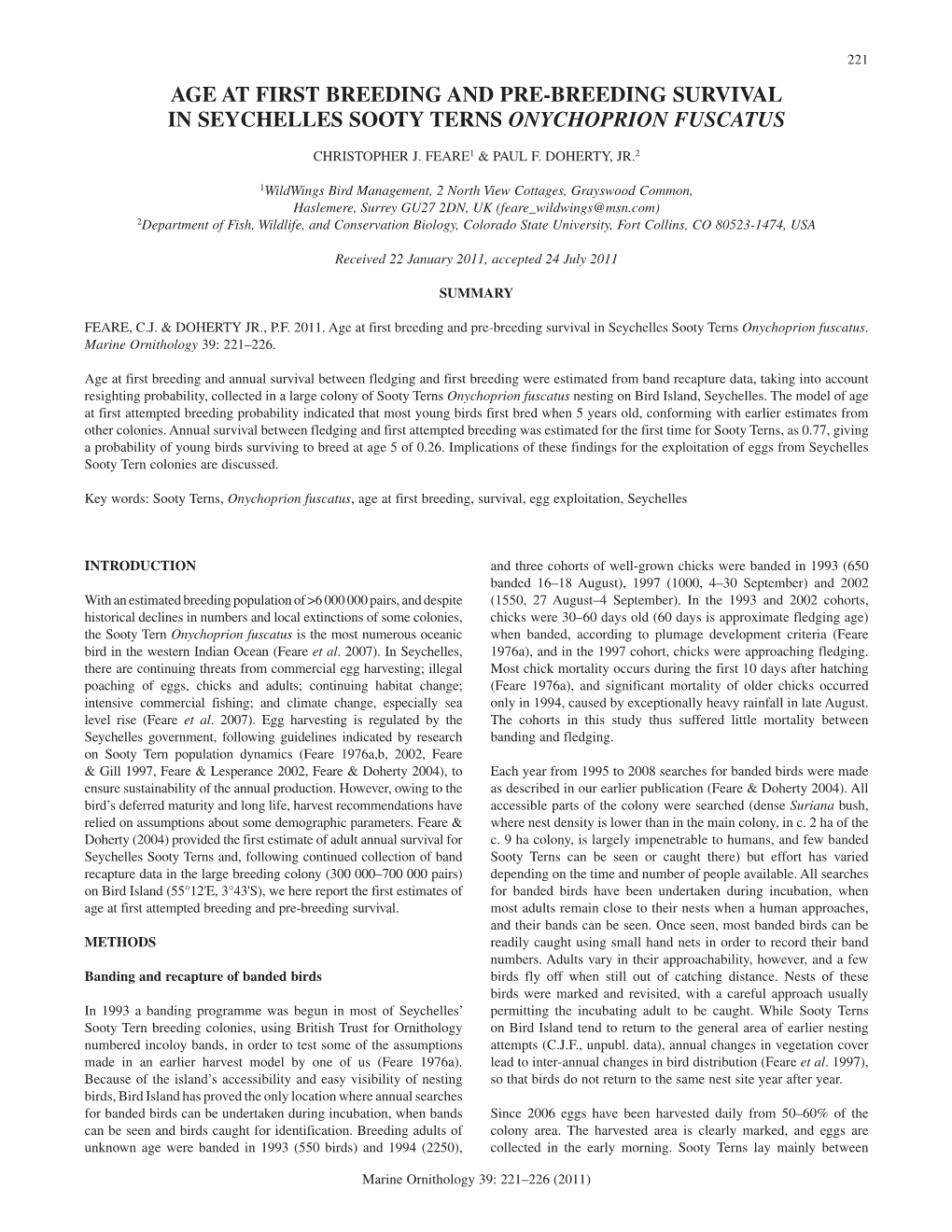 Age at First Breeding and Pre-Breeding Survival in Seychelles Sooty Terns Onychoprion Fuscatus