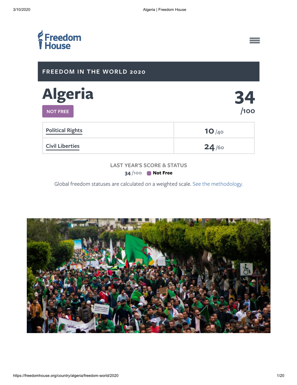 FREEDOM in the WORLD 2020 Algeria 34 NOT FREE /100