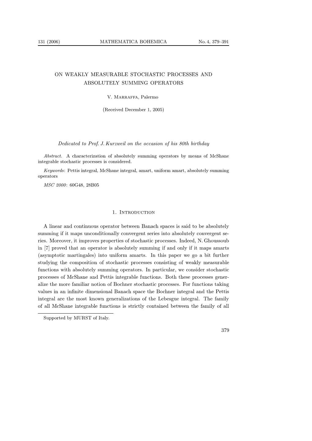 On Weakly Measurable Stochastic Processes and Absolutely Summing Operators