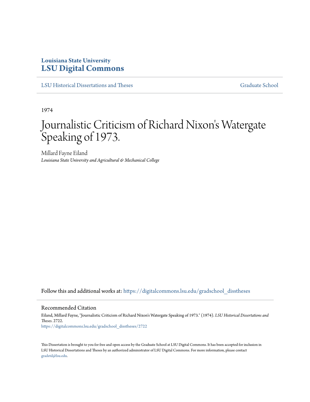 Journalistic Criticism of Richard Nixon's Watergate Speaking of 1973. Millard Fayne Eiland Louisiana State University and Agricultural & Mechanical College