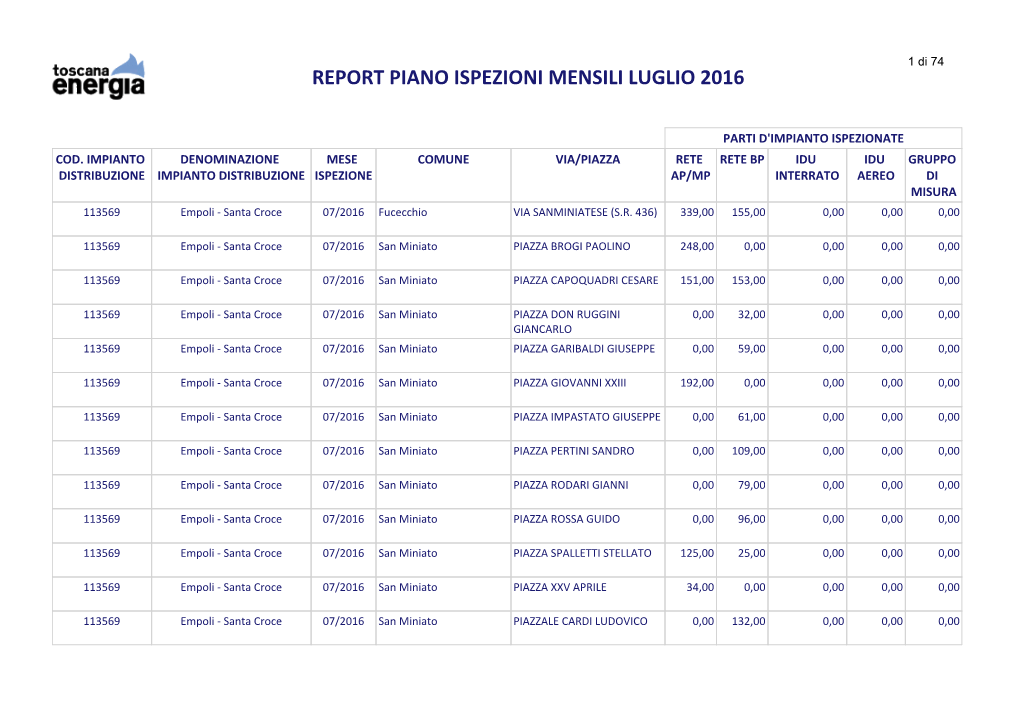 Report Piano Ispezioni Mensili Luglio 2016