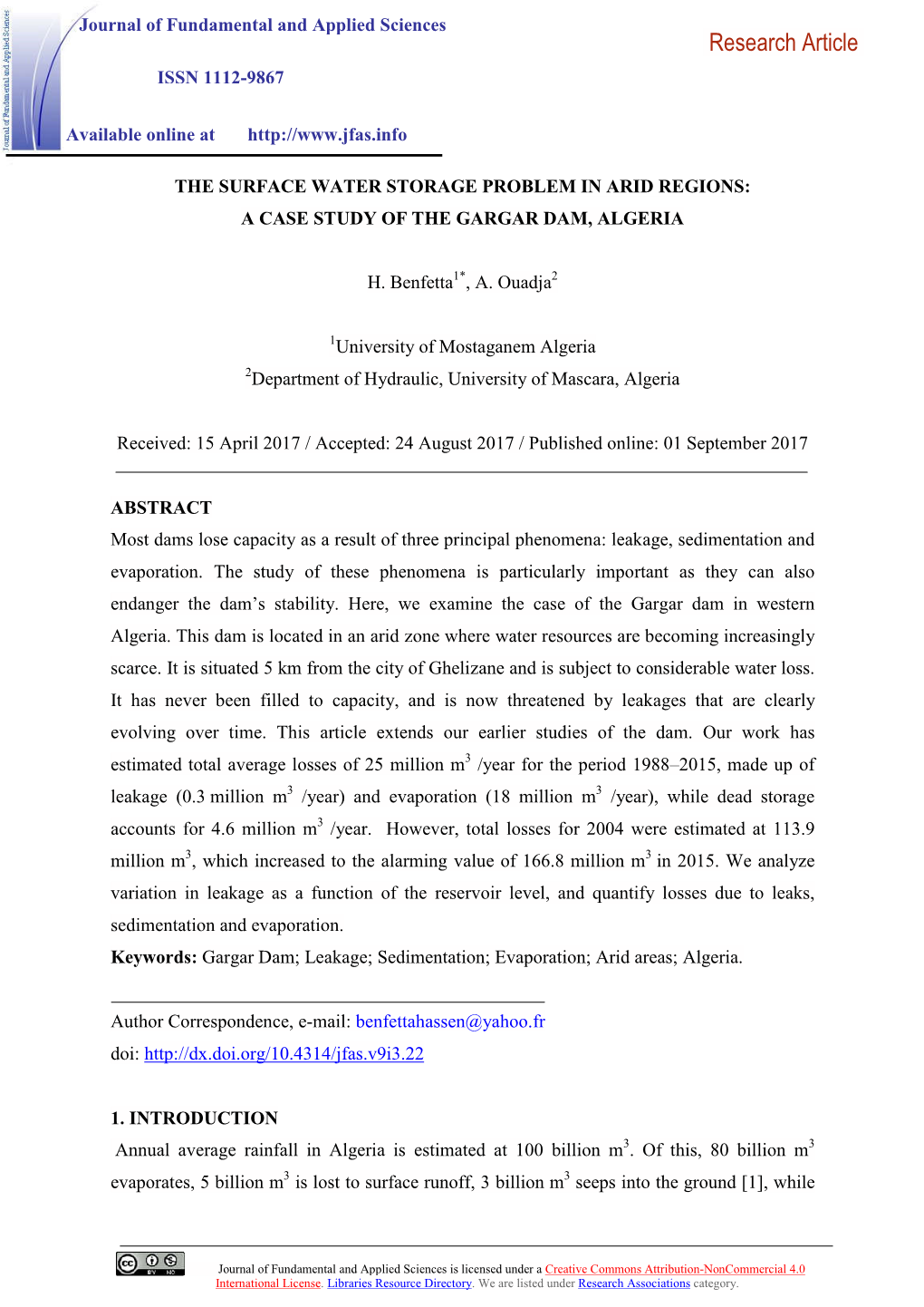 The Surface Water Storage Problem in Arid Regions: a Case Study of the Gargar Dam, Algeria