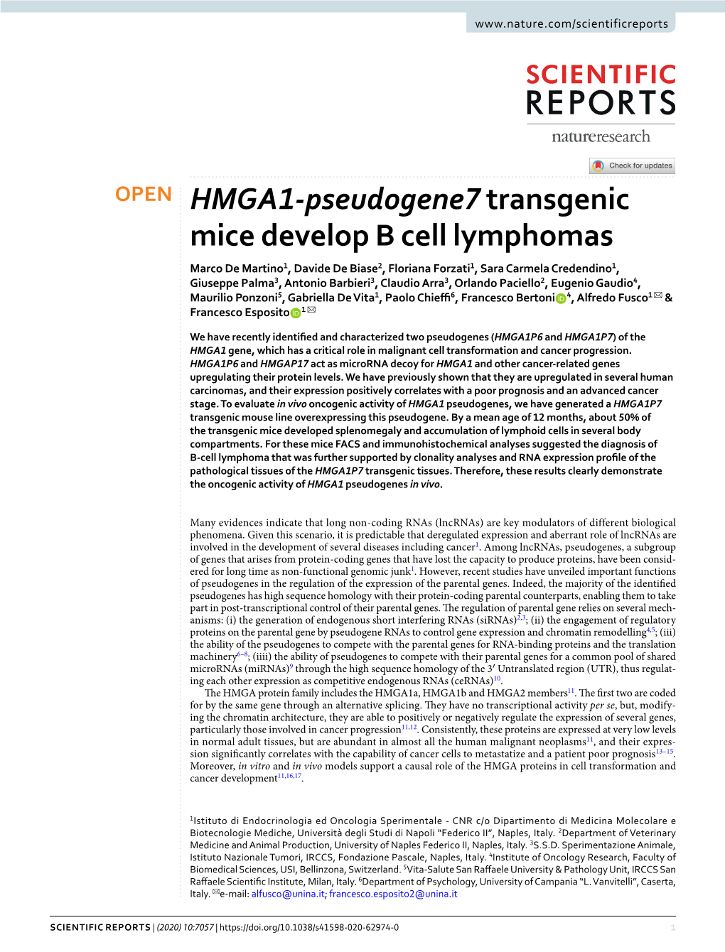 HMGA1-Pseudogene7 Transgenic Mice Develop B Cell Lymphomas