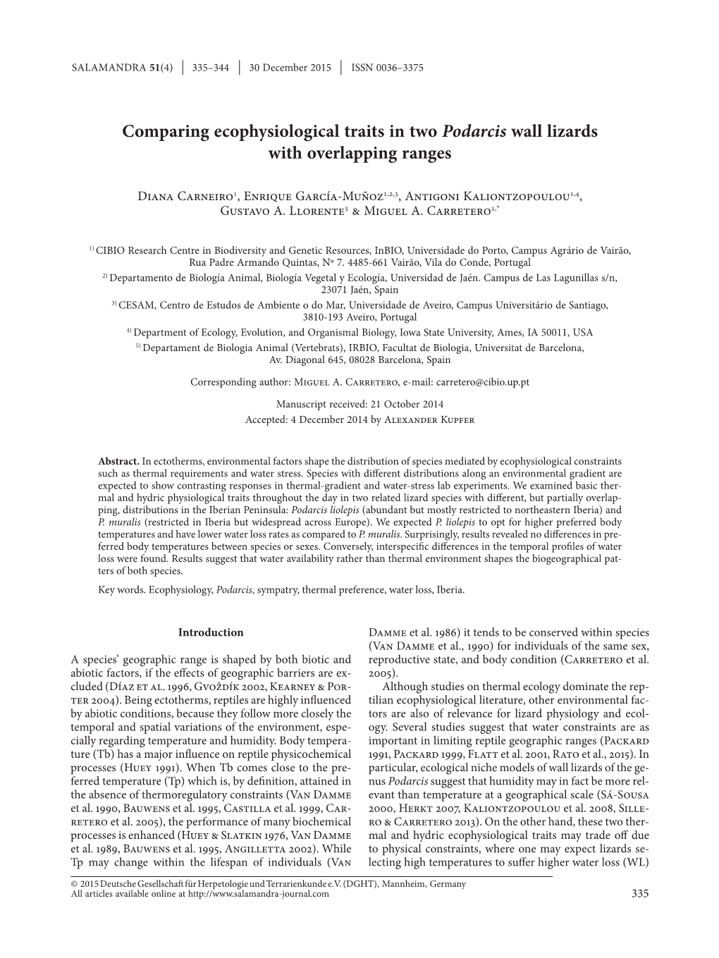 Comparing Ecophysiological Traits in Two Podarcis Wall Lizards with Overlapping Ranges