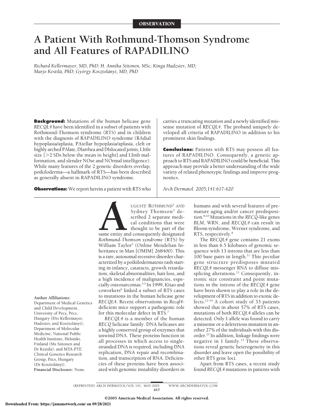 A Patient with Rothmund-Thomson Syndrome and All Features of RAPADILINO