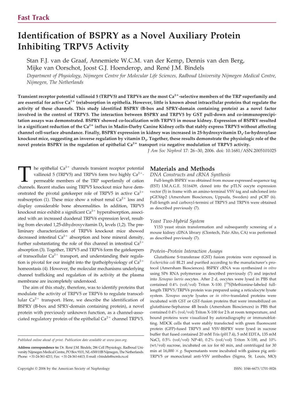 Identification of BSPRY As a Novel Auxiliary Protein Inhibiting TRPV5 Activity