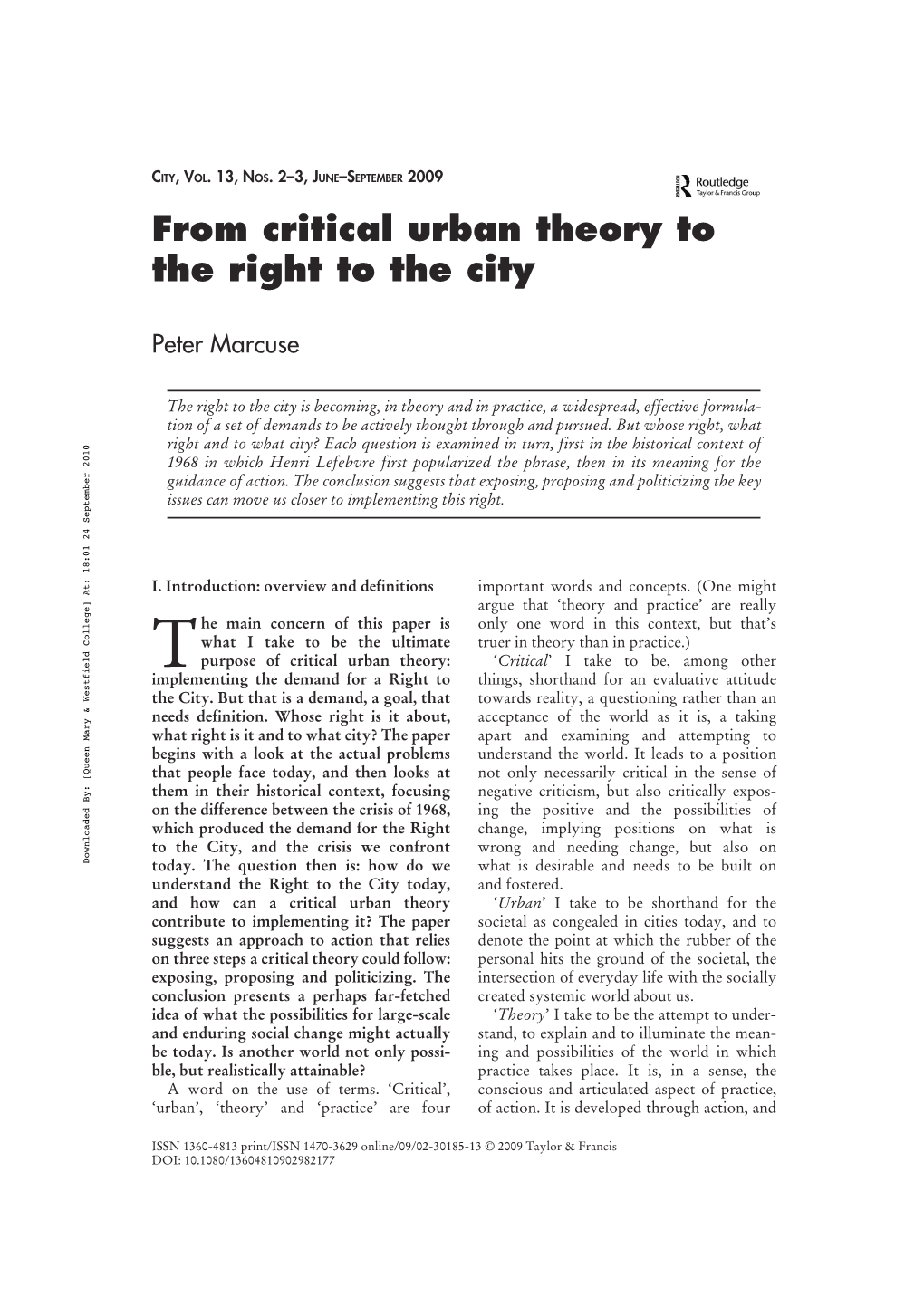 From Critical Urban Theory to the Right to the City