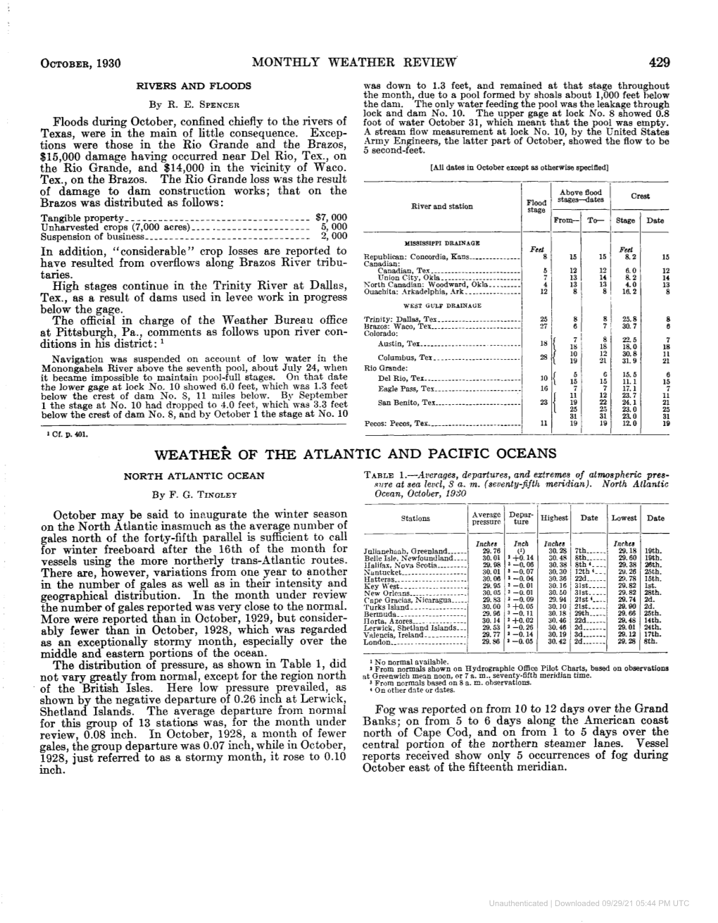 WE at HE^ of the ATLANTIC and PACIFIC OCEANS NORTH ATLANTIC OCEAN TABLE1 .-Aim-Ages, Departures, and Ex?Remes of Atmospheric Pres- Wire at Sea Leid