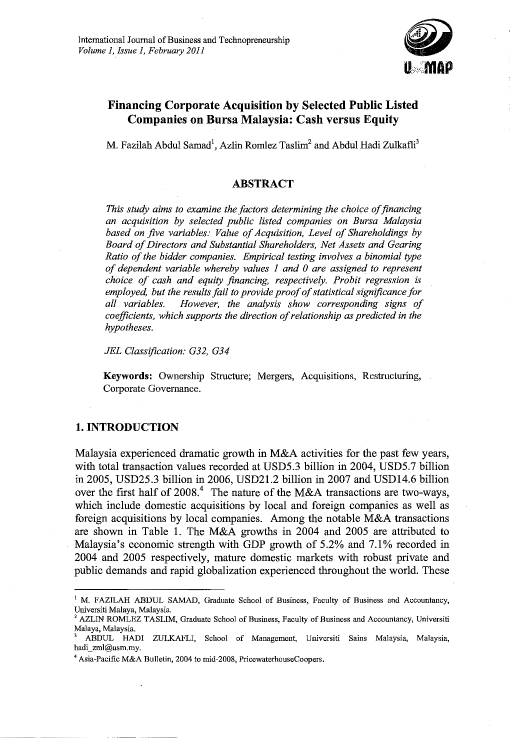 Financing Corporate Acquisition by Selected Public Listed Companies on Bursa Malaysia: Cash Versus Equity