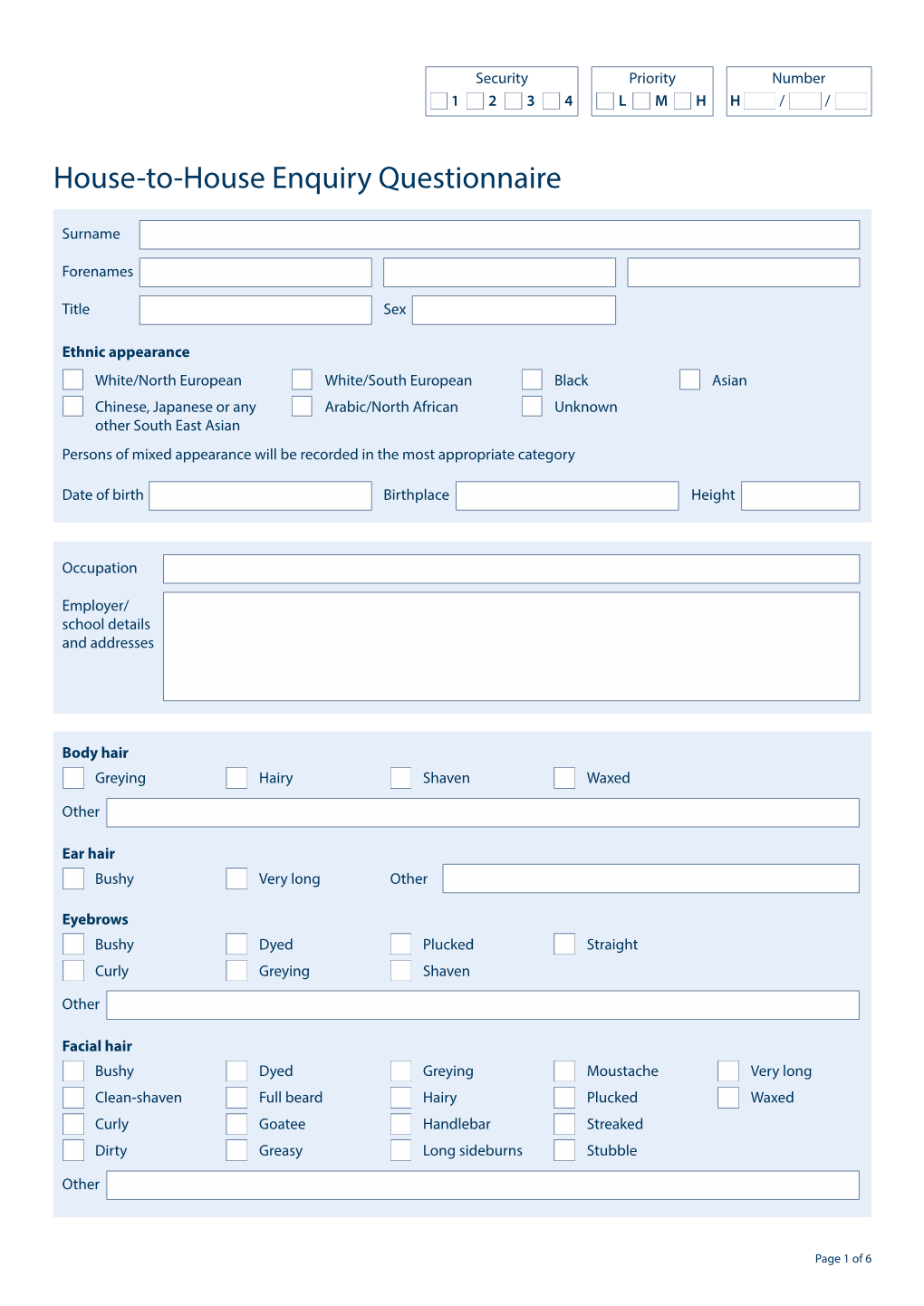 House-To-House Enquiry Questionnaire