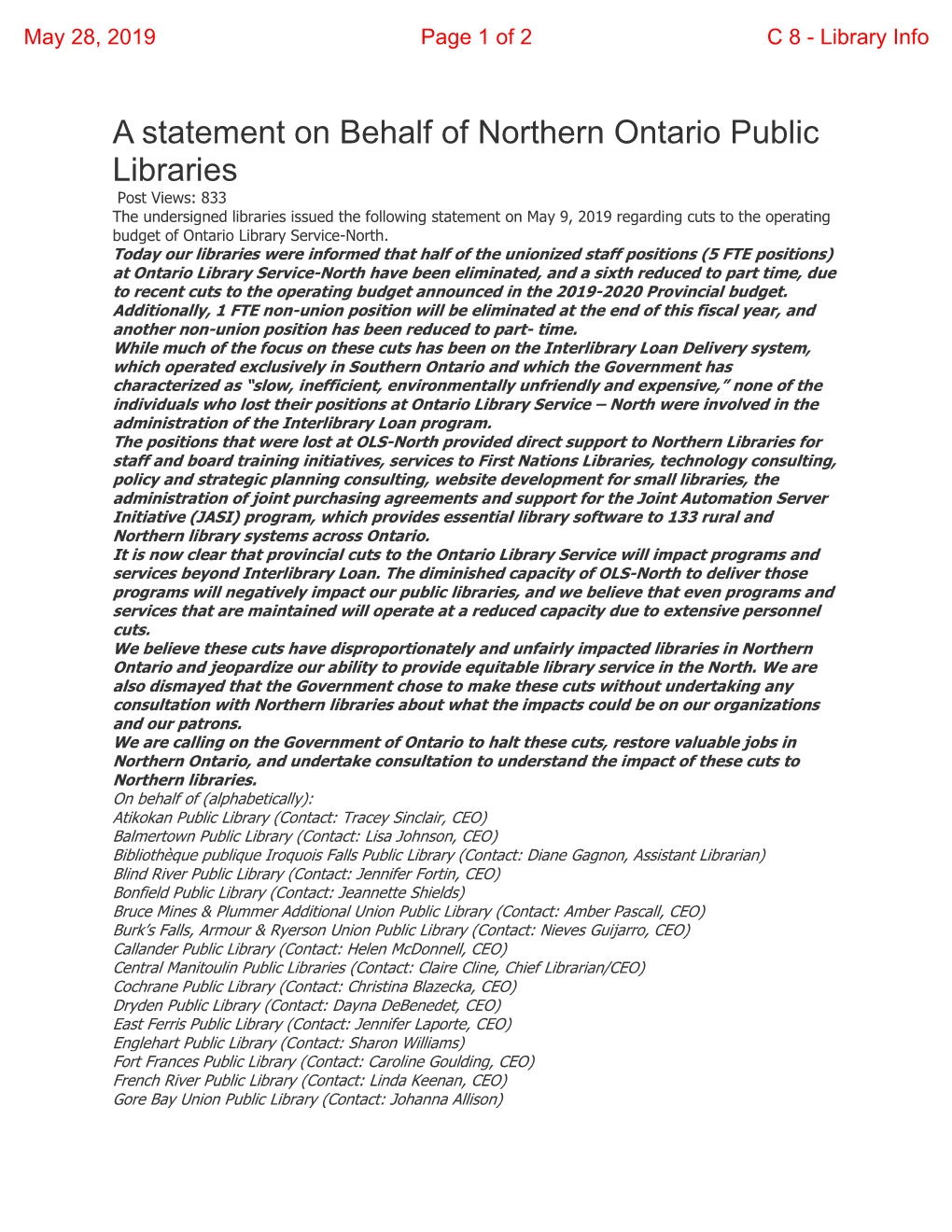 Statement from Northern Ontario Public Libraries