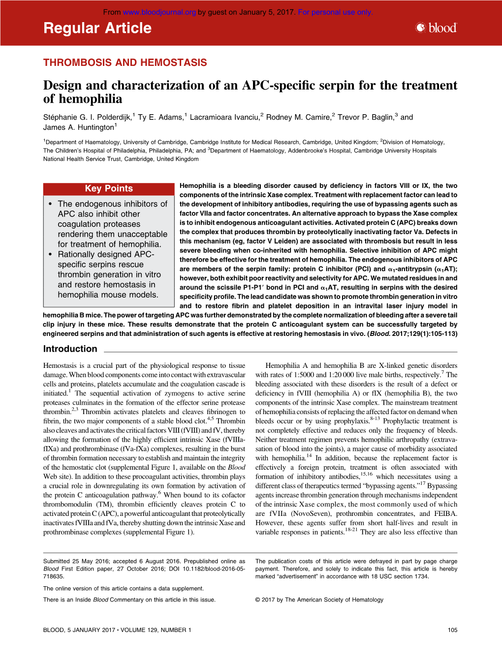 Design and Characterization of an APC-Specific Serpin for the Treatment of Hemophilia