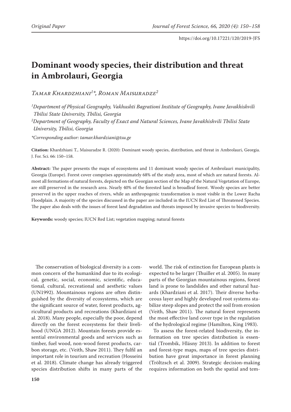 Dominant Woody Species, Their Distribution and Threat in Ambrolauri, Georgia
