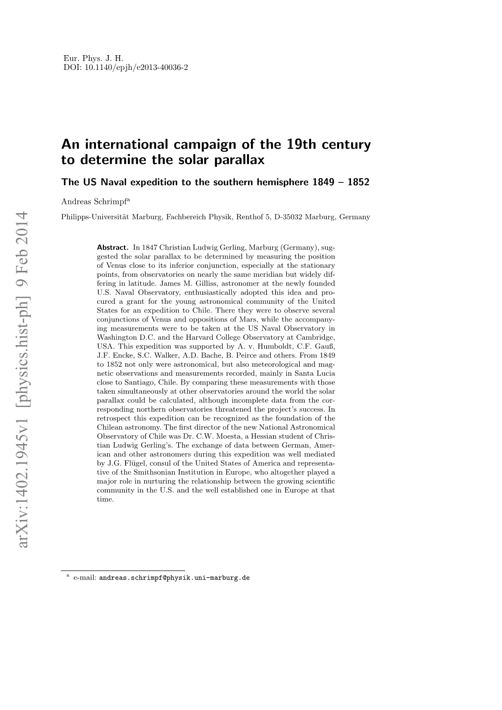 An International Campaign of the 19Th Century to Determine the Solar Parallax-The US Naval Expedition to the Southern Hemisphere 1849-1852