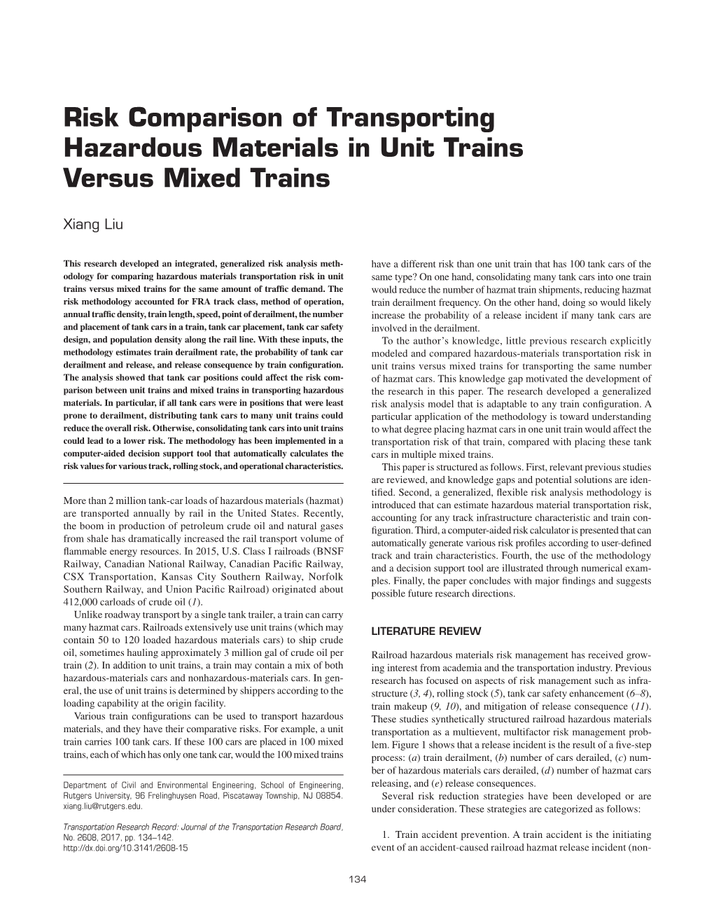 Risk Comparison of Transporting Hazardous Materials in Unit Trains Versus Mixed Trains