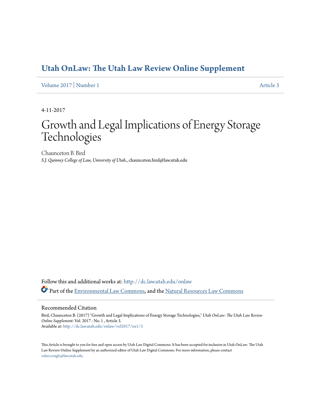 Growth and Legal Implications of Energy Storage Technologies Chaunceton B