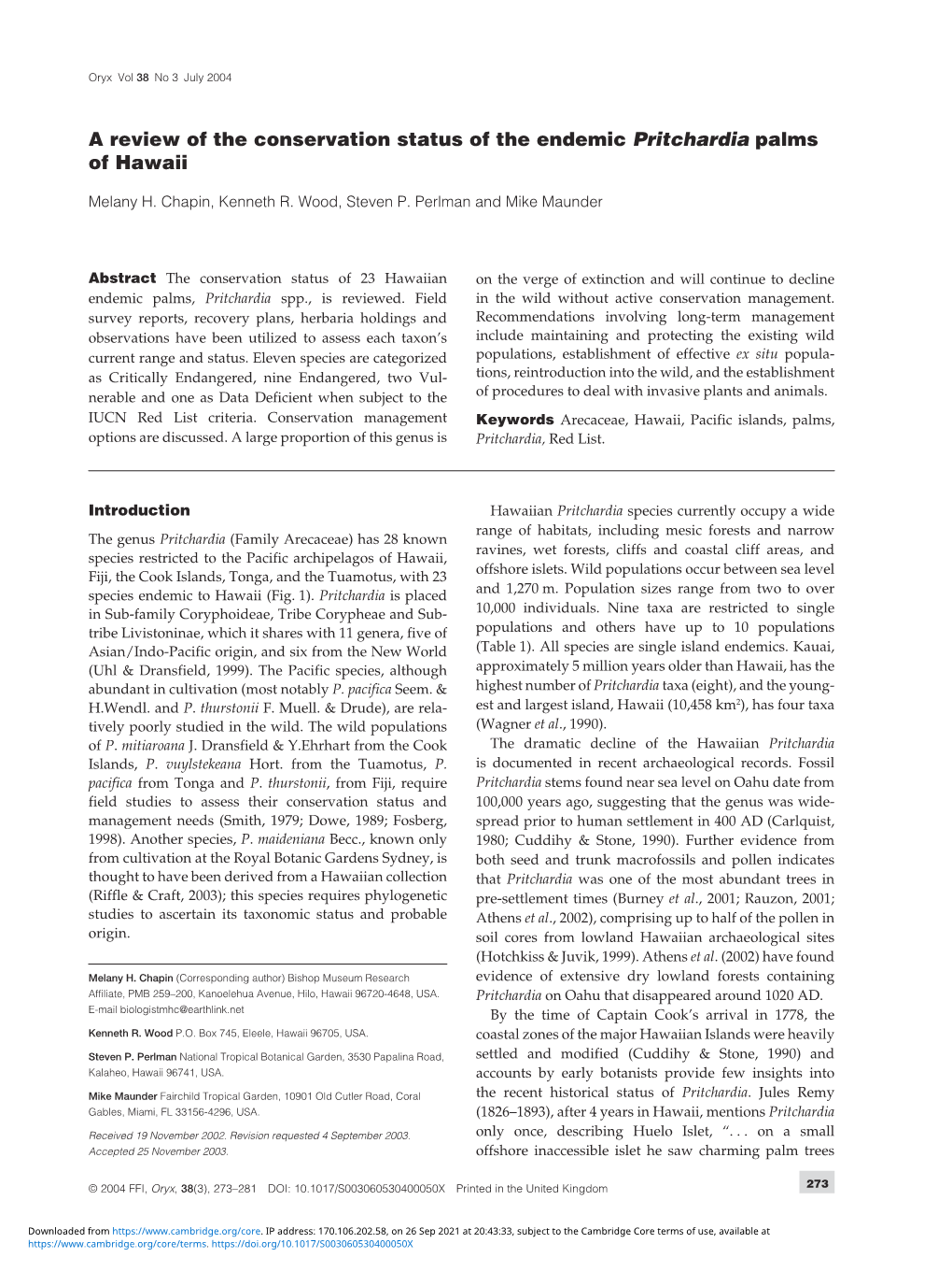 A Review of the Conservation Status of the Endemic Pritchardia Palms of Hawaii