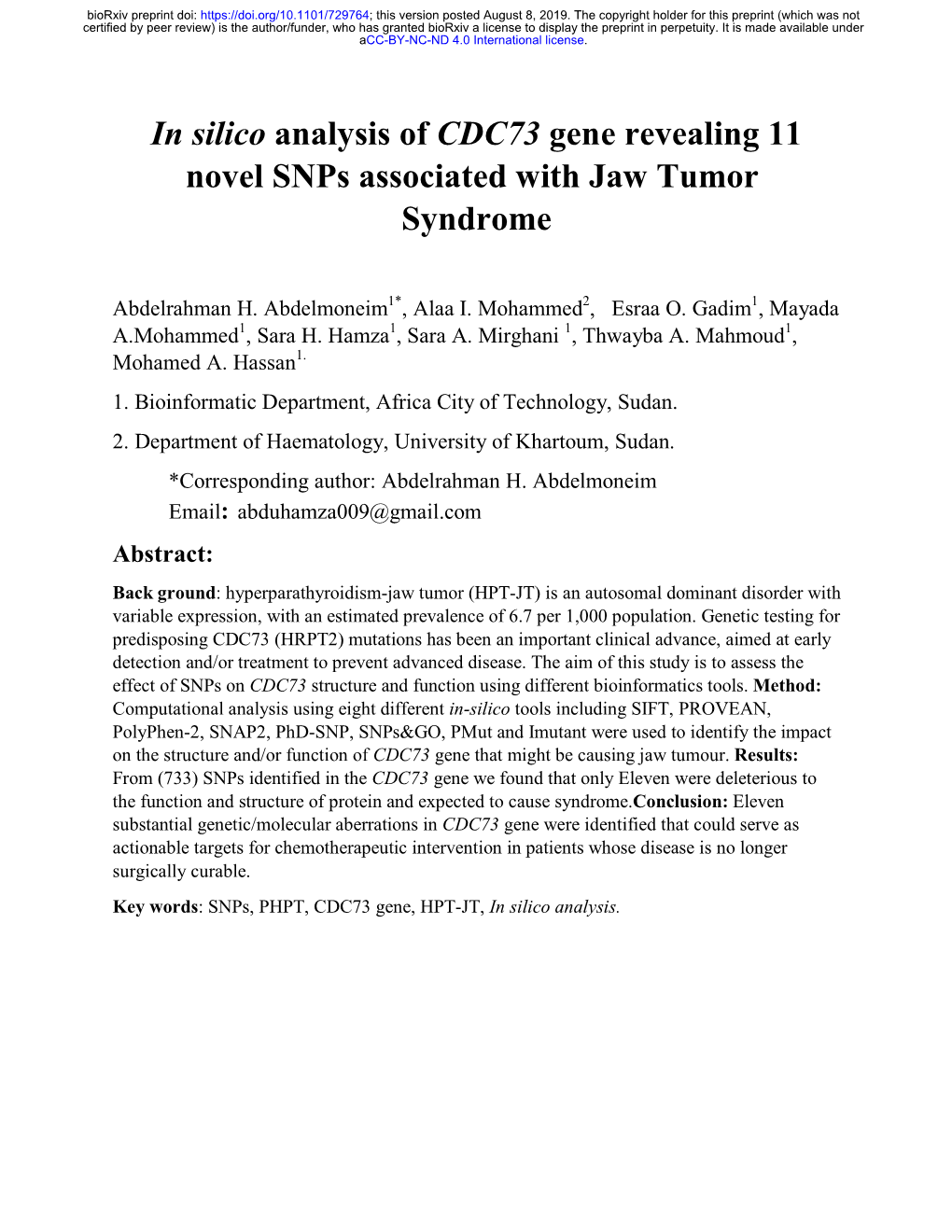 In Silico Analysis of CDC73 Gene Revealing 11 Novel Snps Associated with Jaw Tumor Syndrome