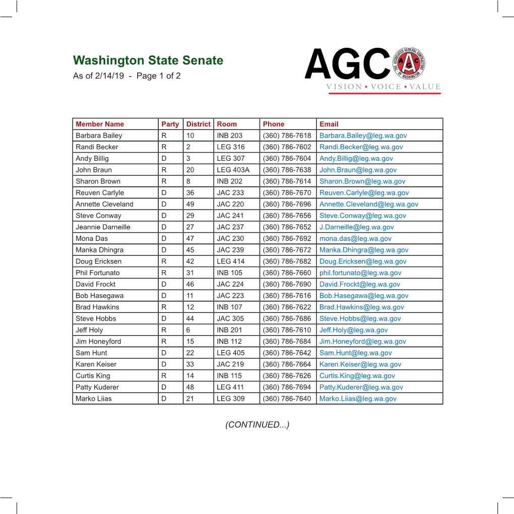 Washington State Senate As of 2/14/19 - Page 1 of 2