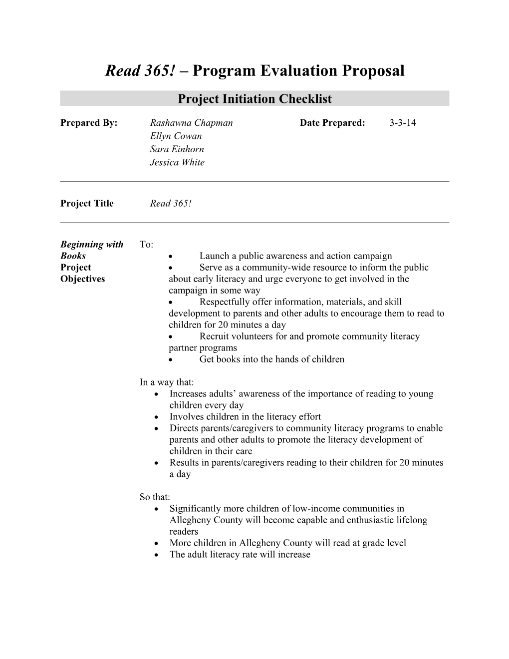 Read 365! Program Evaluation Proposal