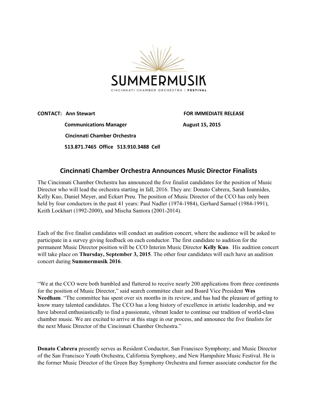 Cincinnati Chamber Orchestra Announces Music Director Finalists