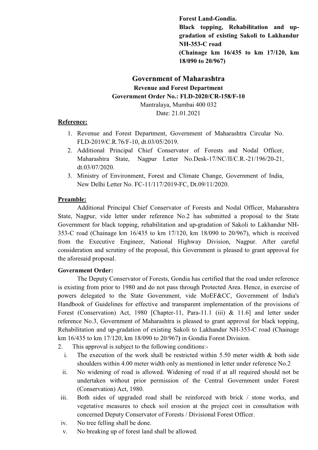 Government of Maharashtra Revenue and Forest Department Government Order No.: FLD-2020/CR-158/F-10 Mantralaya, Mumbai 400 032 Date: 21.01.2021 Reference: 1