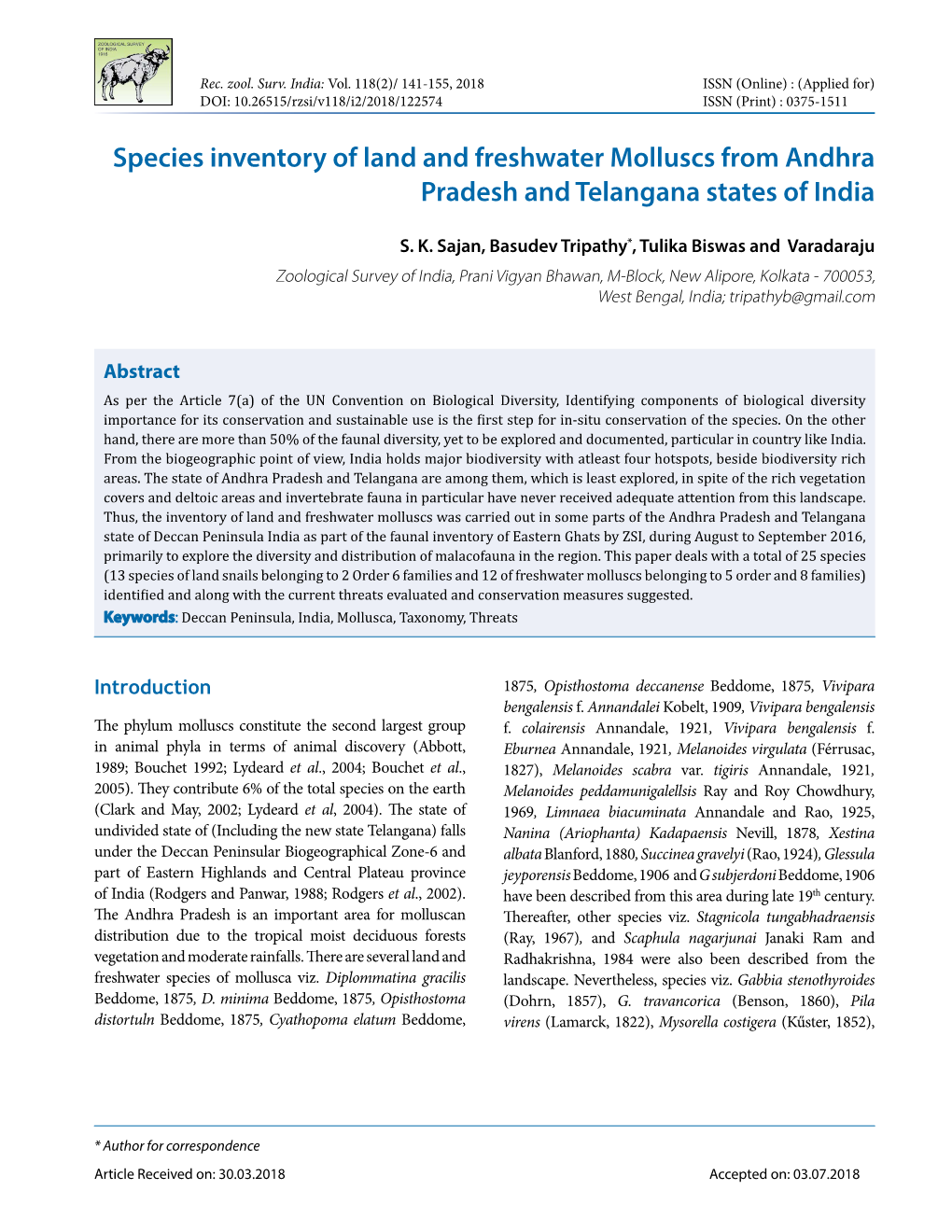 Species Inventory of Land and Freshwater Molluscs from Andhra Pradesh and Telangana States of India