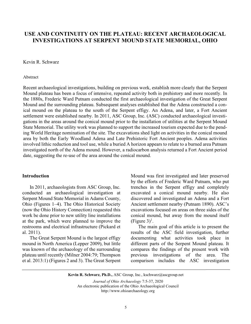 Use and Continuity on the Plateau: Recent Archaeological Investigations at Serpent Mound State Memorial, Ohio